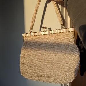 Handmade beaded vintage 1960s ivory handbag